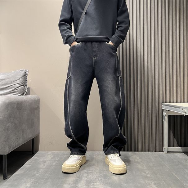 Streetwear Patchwork Cargo Jeans – Vintage Washed Utility Pants With Adjustable Drawstring & Asymmetrical Paneling (Unisex Oversized Fit)_mkmklike.com