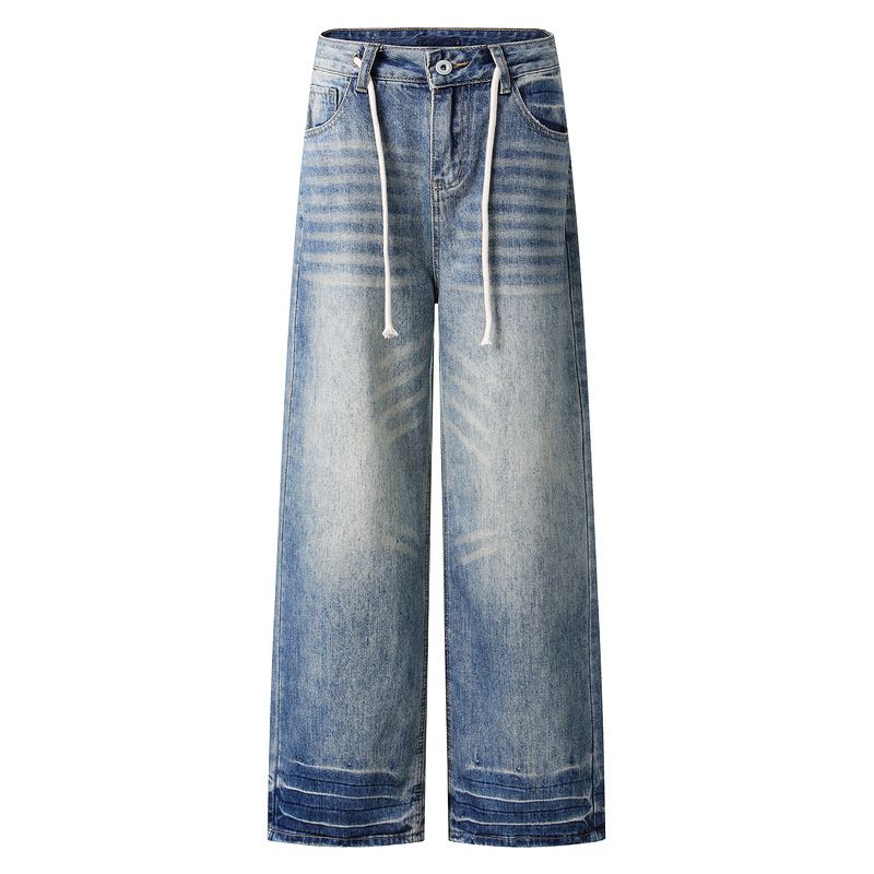 Men's Clothing American Retro Washed Distressed Lightning Jeans For Men And Women Loose Straight Wide Leg Floor Length Trousers_mkmklike.com