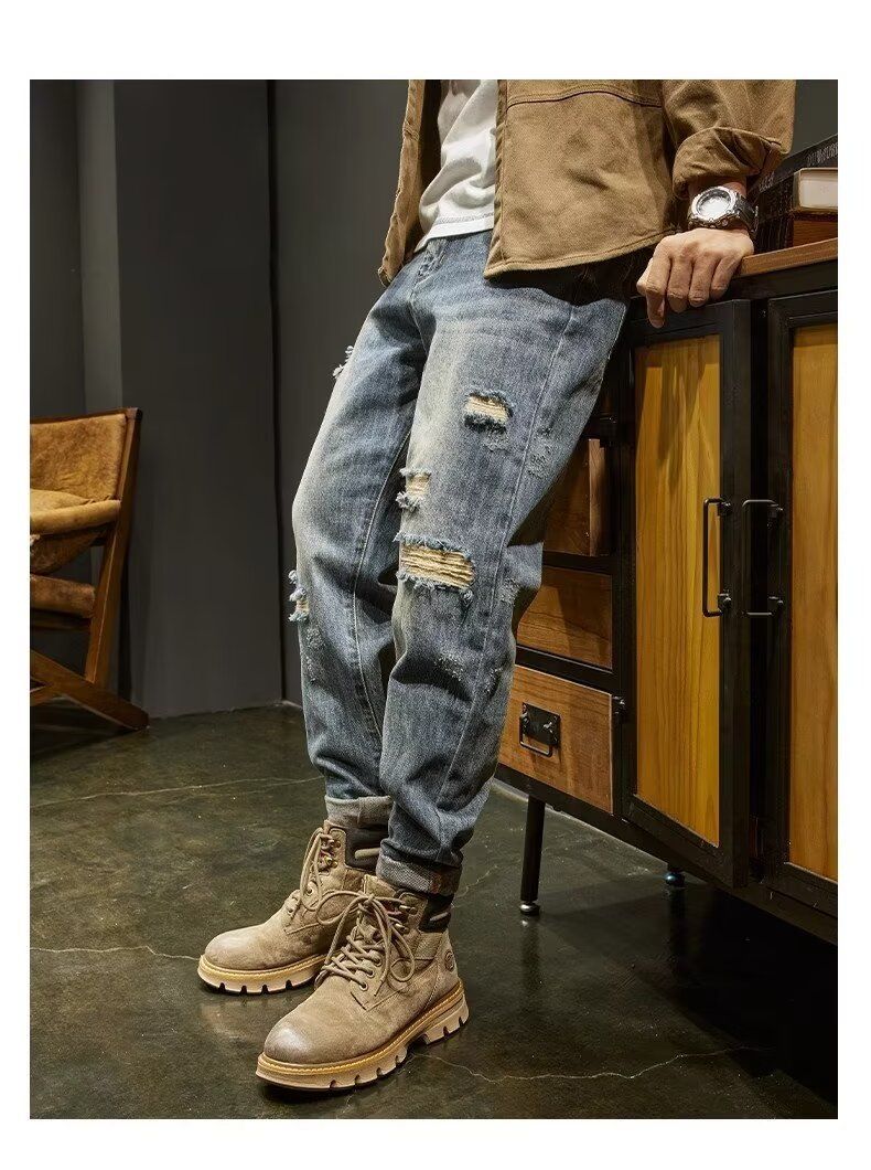 Men's Street Washed Distressed Ripped Jeans Straight Loose Fit High Street Vibe Long Pants For Spring Autumn_mkmklike.com