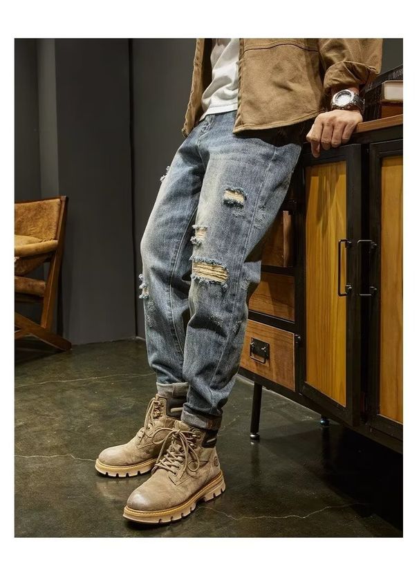 Men's Street Washed Distressed Ripped Jeans Straight Loose Fit High Street Vibe Long Pants For Spring Autumn_mkmklike.com