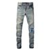 Unisex American Y2K Hip Hop Motorcycle Stacked Flared Jeans, Mud-Wash Vintage Blue With Contrast Lining & Large Rips, Black-White Splatter Paint, Brea_mkmklike.com