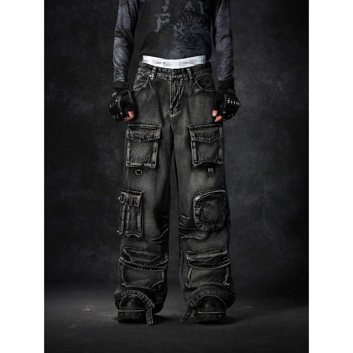 Vintage Washed Multi-Pocket Cargo Jeans Loose Fit Straight Leg Pants for Men Streetwear Denim_mkmklike.com