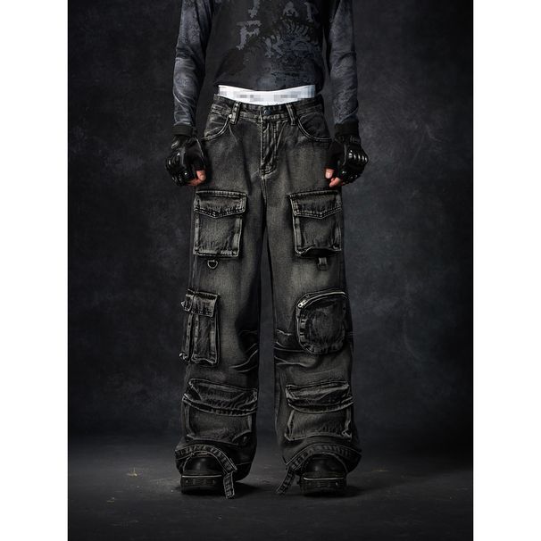 Vintage Washed Multi-Pocket Cargo Jeans Loose Fit Straight Leg Pants for Men Streetwear Denim_mkmklike.com