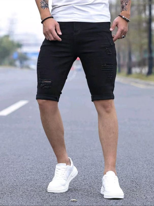 K Men's Shorts With Holes, Frayed Edges, Bleached And Washed New Denim Jeans, Thin Design_mkmklike.com
