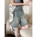 Women's Retro Washed Straight Leg Denim Shorts High Waisted Slimming Loose Fitting Distressed mid Length Capri Pants Summer Thin Wide Leg_mkmklike.com
