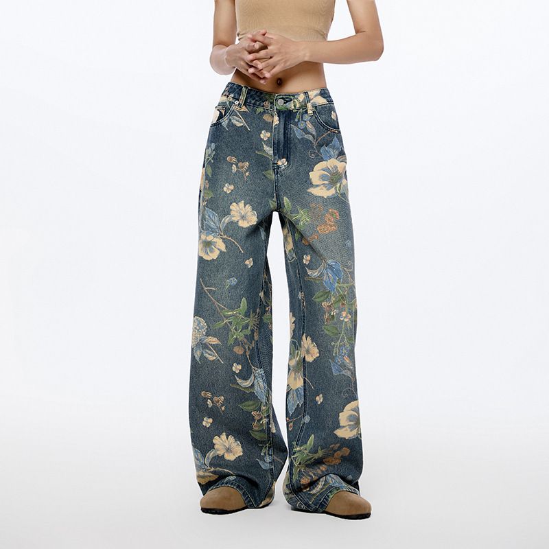 Unisex Floral Print Wide-Leg Jeans - Vintage High Street Style, Loose Fit, Bohemian Chic, Comfortable & Trendy_mkmklike.com