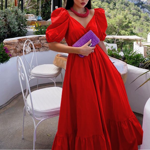 Women's Clothing fashion dress short-sleeved V-neck solid color large swing temperament dress_mkmklike.com