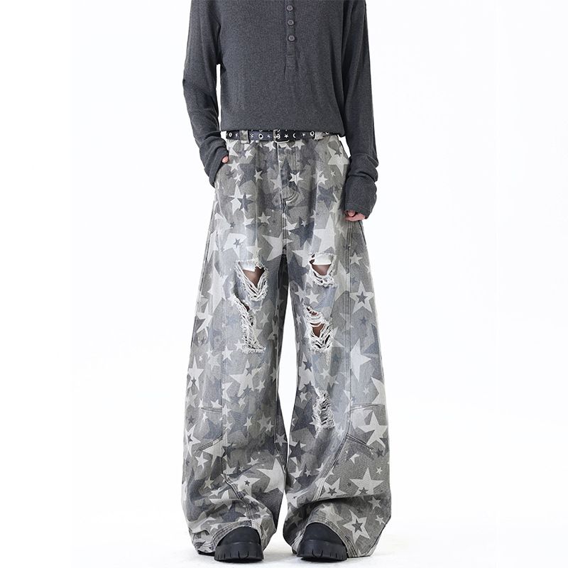 Star Camo Print Vintage Washed Jeans For Men – Loose-Fit Distressed Denim Pants With Retro Streetwear Style_mkmklike.com
