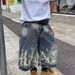 Hip Hop Retro Lightning Pattern Denim Shorts – Unisex Loose Wide Leg Capri Pants, Streetwear Export Style_mkmklike.com