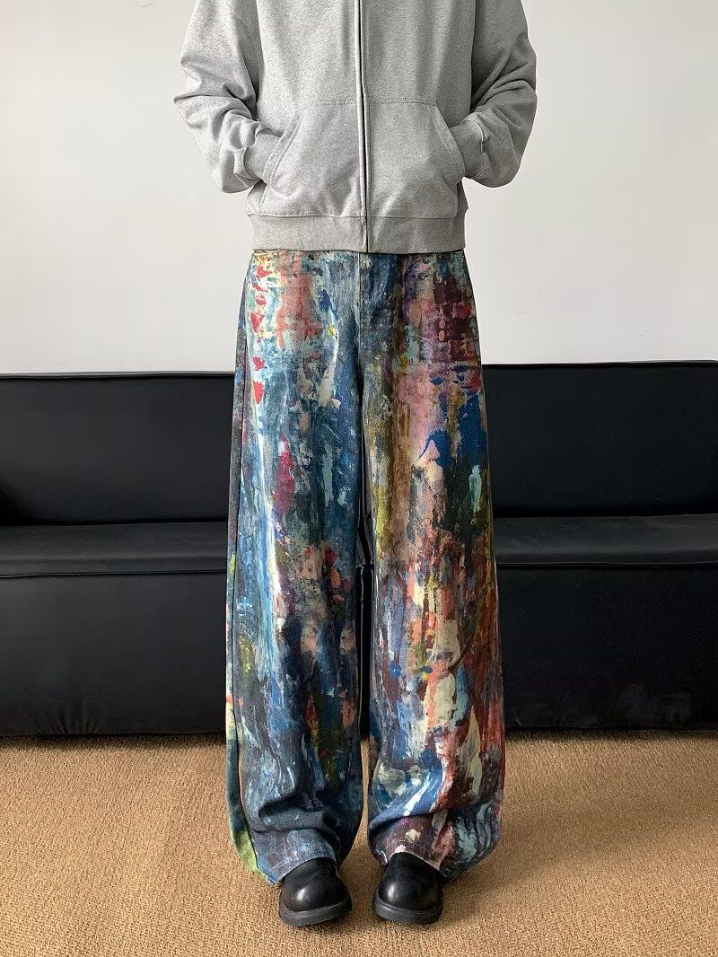 2025 American Graffiti Oil Painting Jeans For Men, Unique Design, Niche Painted Straight-Leg Casual Pants, Trendy_mkmklike.com