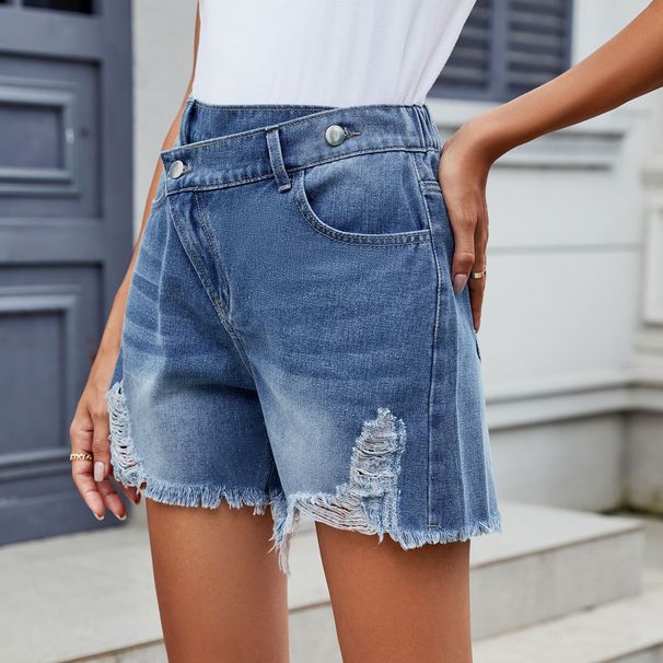 Women's Clothing Summer Washed Irregular Denim Raw Edge Shorts_mkmklike.com