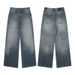 Vintage Blue Washed Gradient A-Line Denim Jeans For Men And Women, Baggy Loose Fit Straight Leg Trousers_mkmklike.com