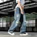 Men's Rhinestone Ripped Jeans Loose Straight Leg Retro Washed High Street Style Denim Pants New Spring_mkmklike.com