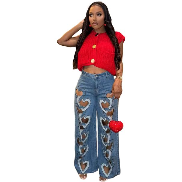 Women's Clothing Elastic Personality Jeans New Hollow Embroidery Love Straight Trousers_mkmklike.com