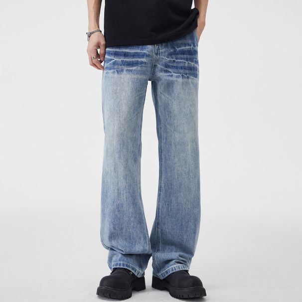 Lightning Burst Pattern Washed Jeans Men's American High Street Tied Flower Washed Trousers_mkmklike.com