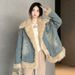 "Vintage-Inspired Denim Coat For Women - Fleece-Lined Winter Jacket With Cotton Padding, Warm & Stylish Outerwear"_mkmklike.com
