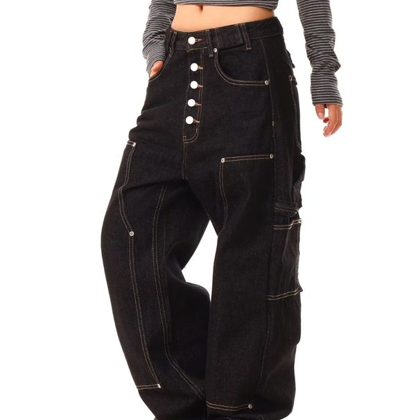 AXHUI Vintage Button Detail Jeans – Unisex Relaxed Fit Straight Leg Denim Pants (Mid-Rise, Washed Black, Minimal Stretch)_mkmklike.com