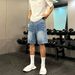 Men's Lightning Pattern Washed Distressed Denim Shorts Summer Thin Straight Leg Five Point Pants Trendy American Brand Vibe Cool And Stylish_mkmklike.com