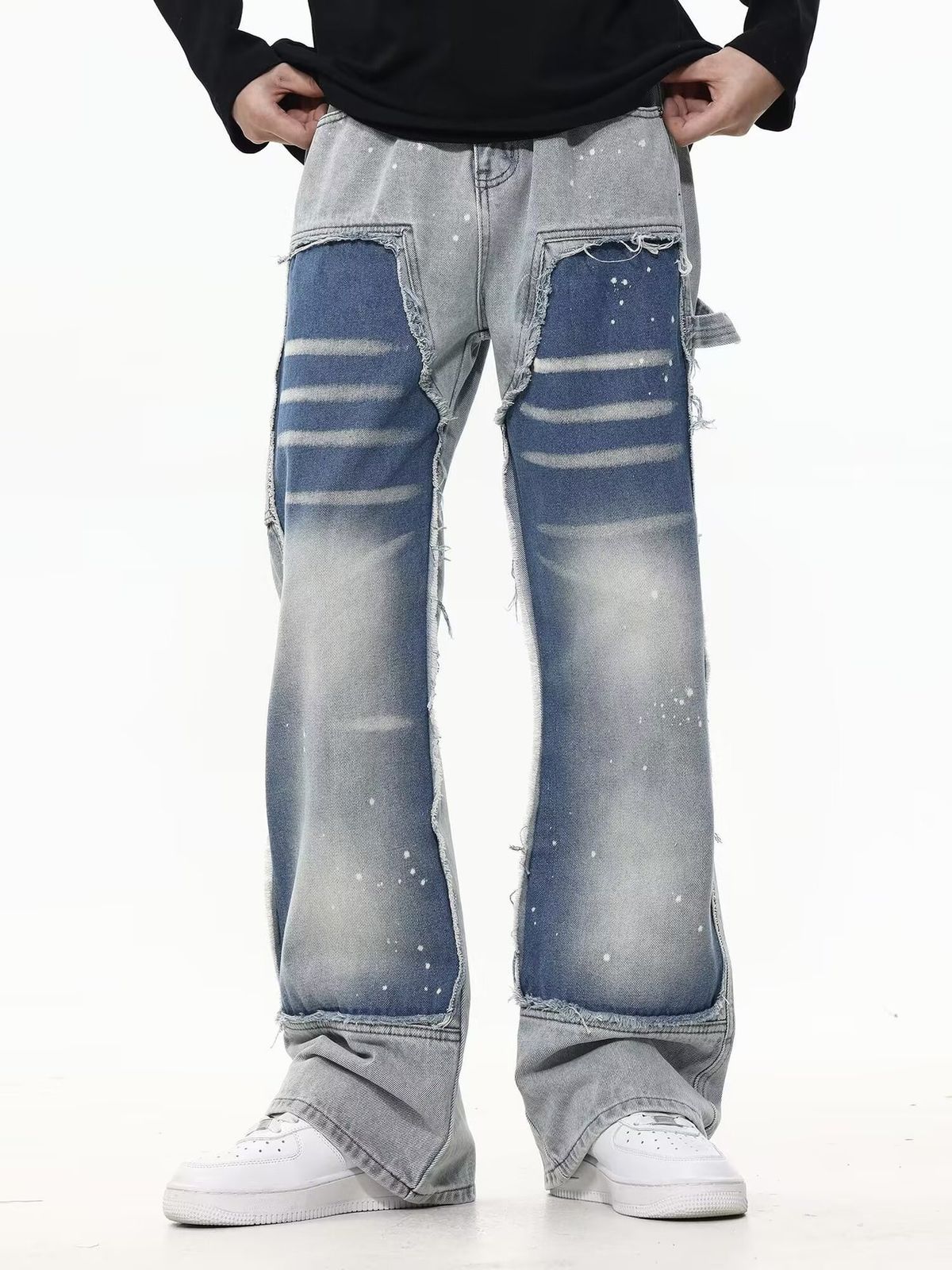 Unisex Vintage Distressed Jeans With Splash Paint Design - High Street Loose Straight Leg Pants For Men & Women_mkmklike.com