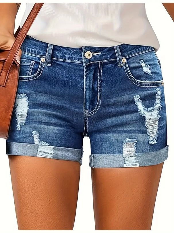 Women's High-Waisted Stretch Ripped Denim Shorts Casual Relaxed Everyday Wear Comfortable Feshion_mkmklike.com