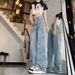 Women's High-Waisted Denim Jeans Embroidered Five-Pointed Star Appliqué Loose Wide Leg Straight Floor-Length Spring/Summer Trendy Floor Length Pants_mkmklike.com