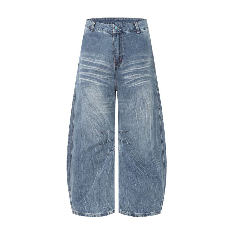 Men's American Style Cleanfit Washed Wide Leg Jeans High Street Casual Whiskered Pleated Loose Straight Leg Jeans Blue Cotton_mkmklike.com