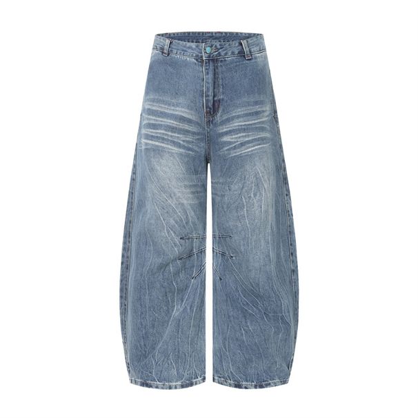 Men's American Style Cleanfit Washed Wide Leg Jeans High Street Casual Whiskered Pleated Loose Straight Leg Jeans Blue Cotton_mkmklike.com