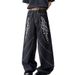 Gothic Flame Embroidered Wide-Leg Jeans – Distressed Black Denim Pants With Asymmetrical Panels, Oversized Streetwear Fit For Dark Academia & Y2K_mkmklike.com