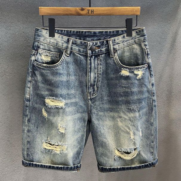Men's Clothing Texture Retro Washed Ripped Denim Shorts Men's Summer Thin Straight Shorts_mkmklike.com