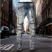 Men Women Y2K Stacked Flared Jeans, Light Blue Snow Wash With Multiple Frayed Rips & White Splatter Accents, Cool & Breathable For Summer_mkmklike.com