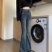 ELLE Cement Gray Retro Flared Jeans For Women, Autumn Winter 2025 New Style, Fleece Lined, Thickened, High Waist, Slim Fit,_mkmklike.com