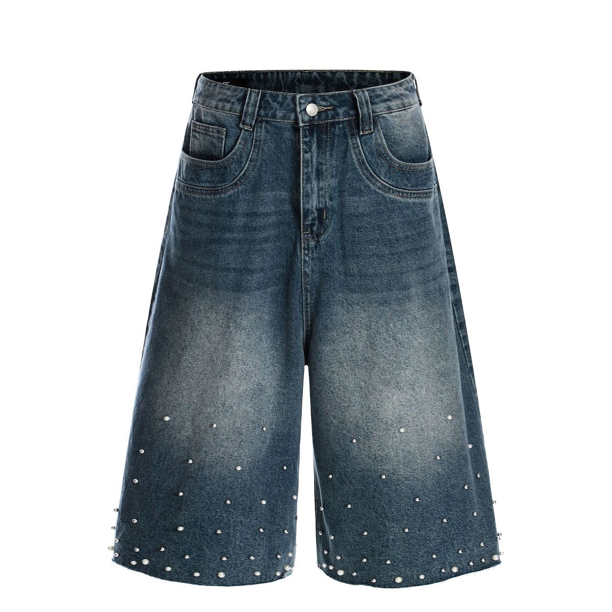 Men's Clothing Retro Washed Blue High Grade Metal Button Design Men's Loose Three Quarter Denim Shorts_mkmklike.com