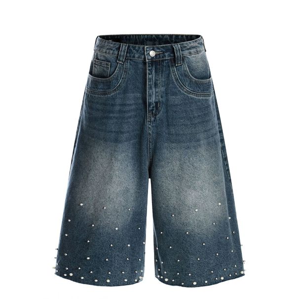Men's Clothing Retro Washed Blue High Grade Metal Button Design Men's Loose Three Quarter Denim Shorts_mkmklike.com
