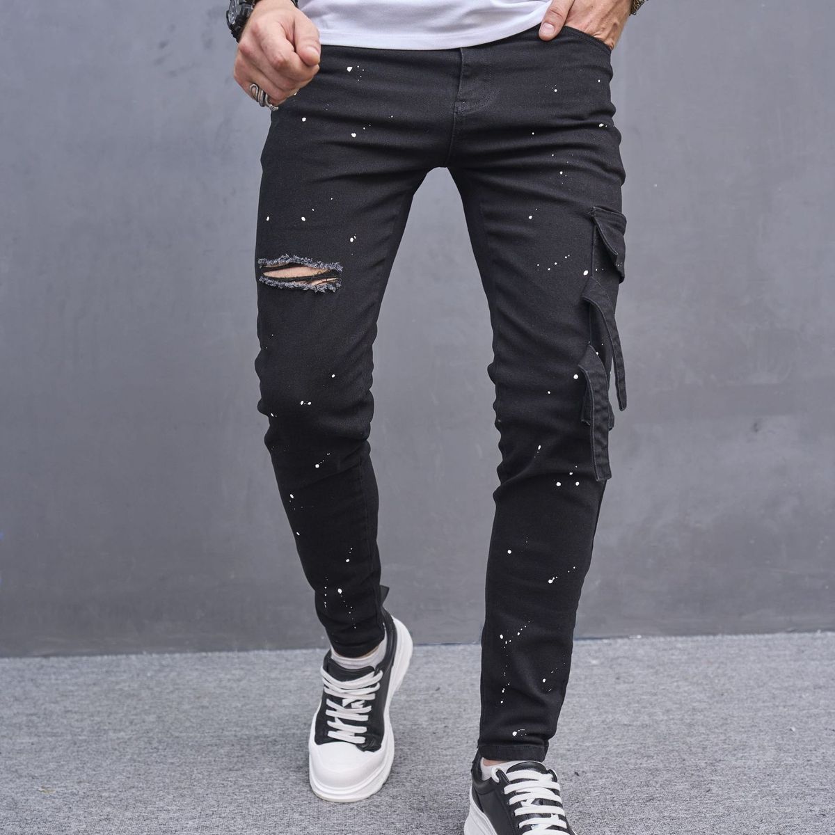 Men's Distressed Denim Pants – Punk-Inspired Ripped Jeans With Wrinkled & Bleached Effect (Sizes 28-38, Mid-Rise, 85% Cotton, Stretch Comfort)_mkmklike.com