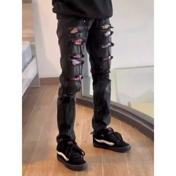 Men's Clothing Slim Fit Ripped Color Splatter Jeans Spring/Summer Distressed Color Splash Jeans Slim Fit High Street Patchwork Rhinestone Long Pants_mkmklike.com