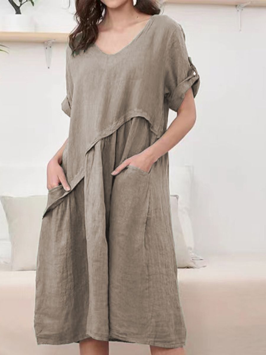 Women's Clothing New Short-sleeved Linen V-neck Pocket Dress_mkmklike.com