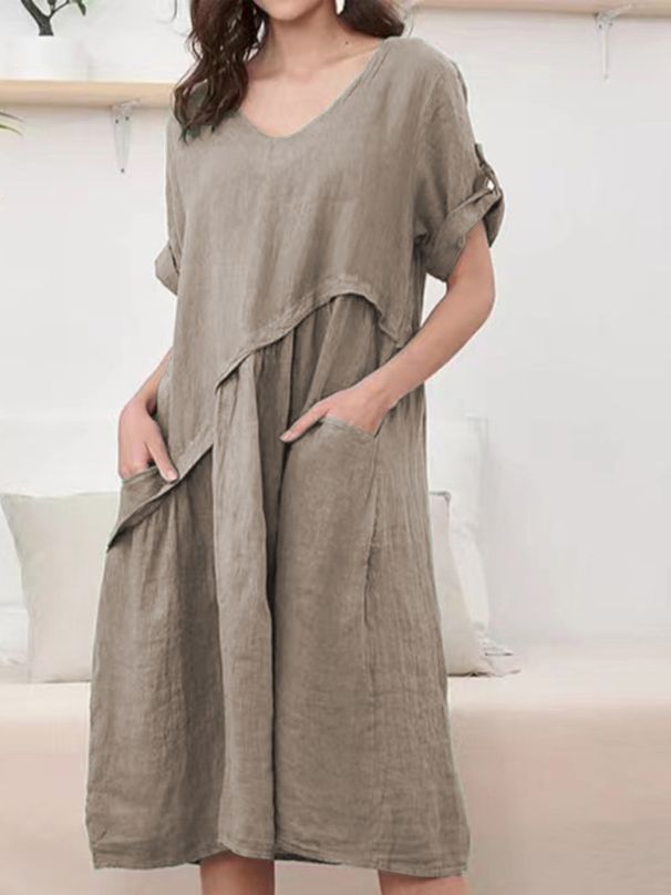 Women's Clothing New Short-sleeved Linen V-neck Pocket Dress_mkmklike.com