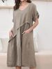 Women's Clothing New Short-sleeved Linen V-neck Pocket Dress_mkmklike.com