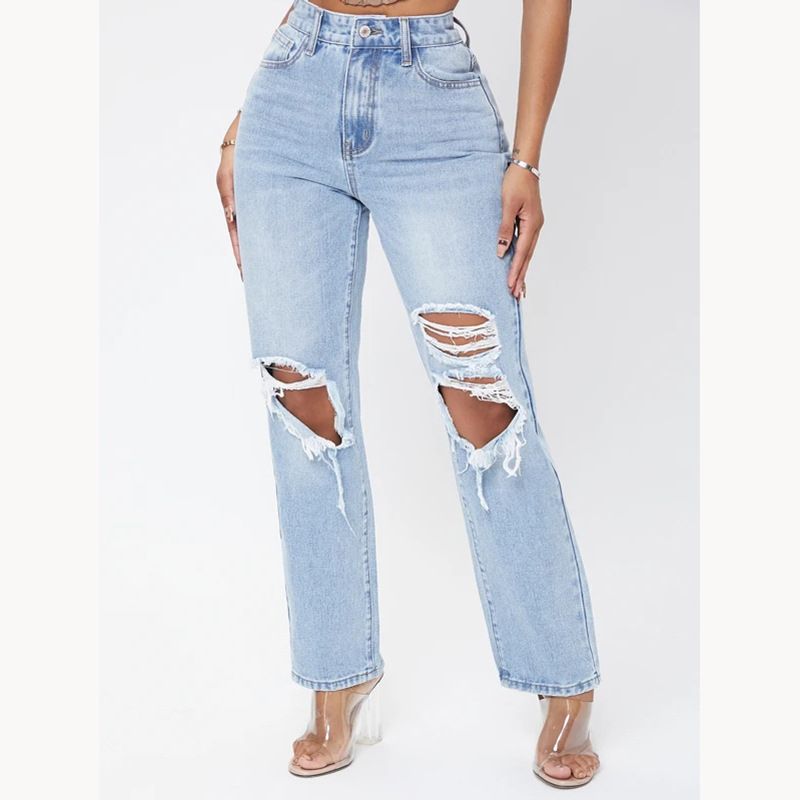 Women's Clothing Street Fashion Straight Trousers High Waist Washed Worn Jeans_mkmklike.com
