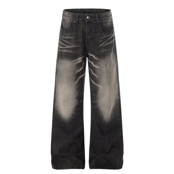 Unisex Washed Denim Jeans G6962 High Street American Loose Fit Slightly Flared Jeans With Hand Washed Whiskered Texture Design_mkmklike.com