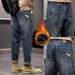 BOY Autumn Winter Jeans Trendy Brand Retro 2024 New Loose Straight Harem Casual Long Fleece Lined Men's Pants_mkmklike.com
