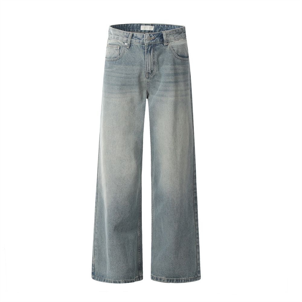 American Style Washed Faded Jeans For Men, Trendy Brand, Loose Casual Vintage Simple Straight Long Pants_mkmklike.com