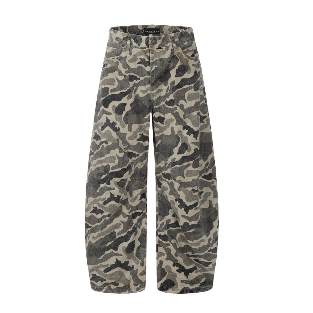 Street Style Camouflage Cargo Men's Denim Trousers Outdoor Sports Design Wrinkled Loose Wide-leg Pants_mkmklike.com
