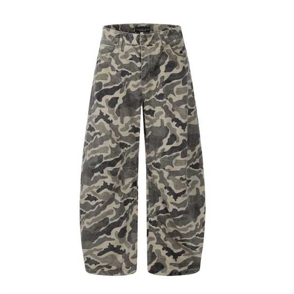 Street Style Camouflage Cargo Men's Denim Trousers Outdoor Sports Design Wrinkled Loose Wide-leg Pants_mkmklike.com