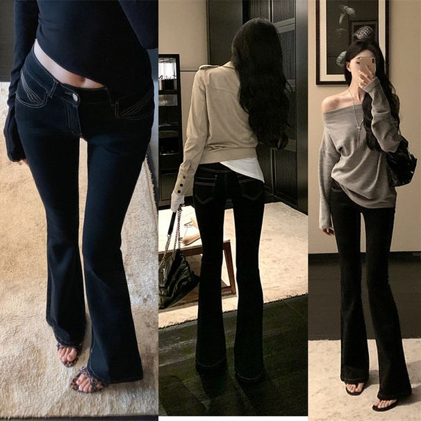 Low Waisted Slim Fit Denim Jeans Supermodel Long Legged Black Tight Fitting And Slimming Slightly Flared Pants Visible Stitching New Spring Style_mkmklike.com