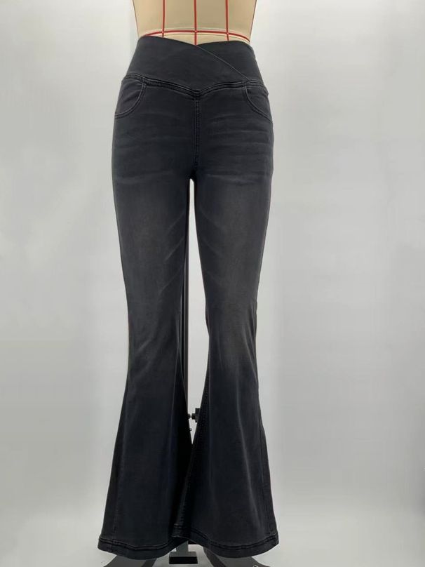 Women's High Waisted Flared Jeans Retro American Style High Elasticity Slimming Washed Trousers_mkmklike.com