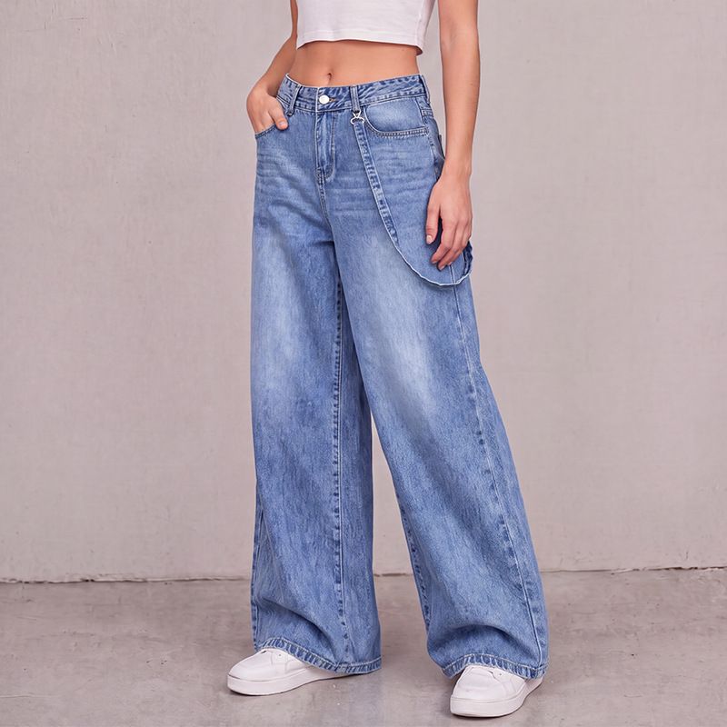Women's Wide Leg Denim Pants All Season Loose Straight Leg Trousers With Belt Buckle Decoration_mkmklike.com