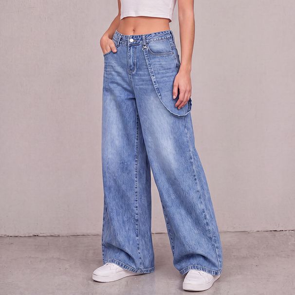 Women's Wide Leg Denim Pants All Season Loose Straight Leg Trousers With Belt Buckle Decoration_mkmklike.com