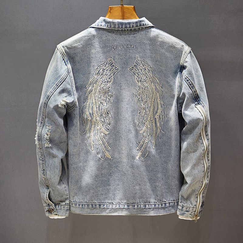 European And American Street Style Hip-Hop Loose Patchwork Japanese Retro Distressed Rock Denim Jacket For Men_mkmklike.com
