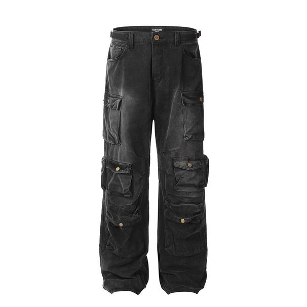 Multi-Pocket Cargo Men's Spray Painted Vintage Functional Tactical Pants American High Street Design Straight-Leg Denim_mkmklike.com